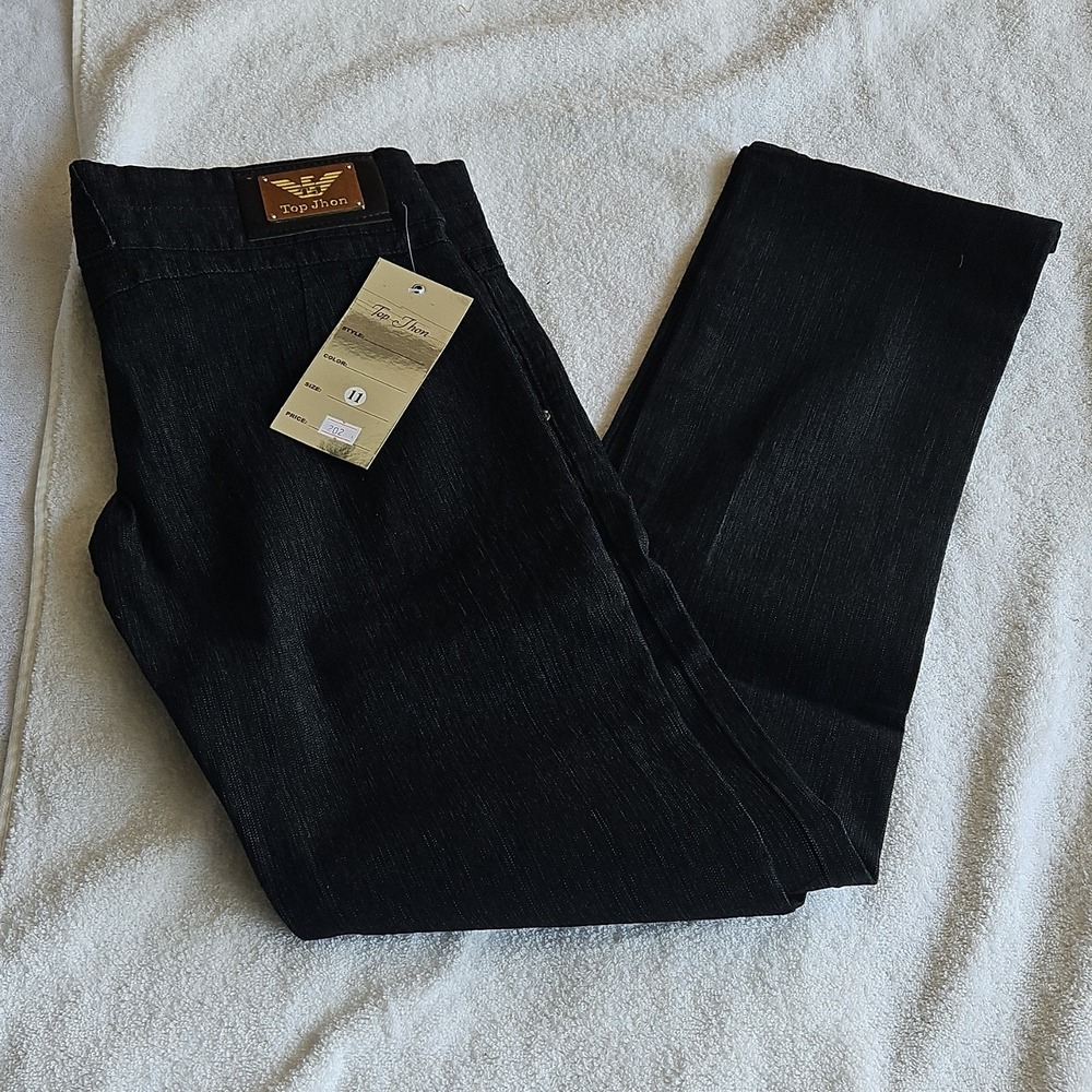 Top Jhon Black Denim Straight Jeans woman  Dark Wash 5-Pocket Button Buckle Logo